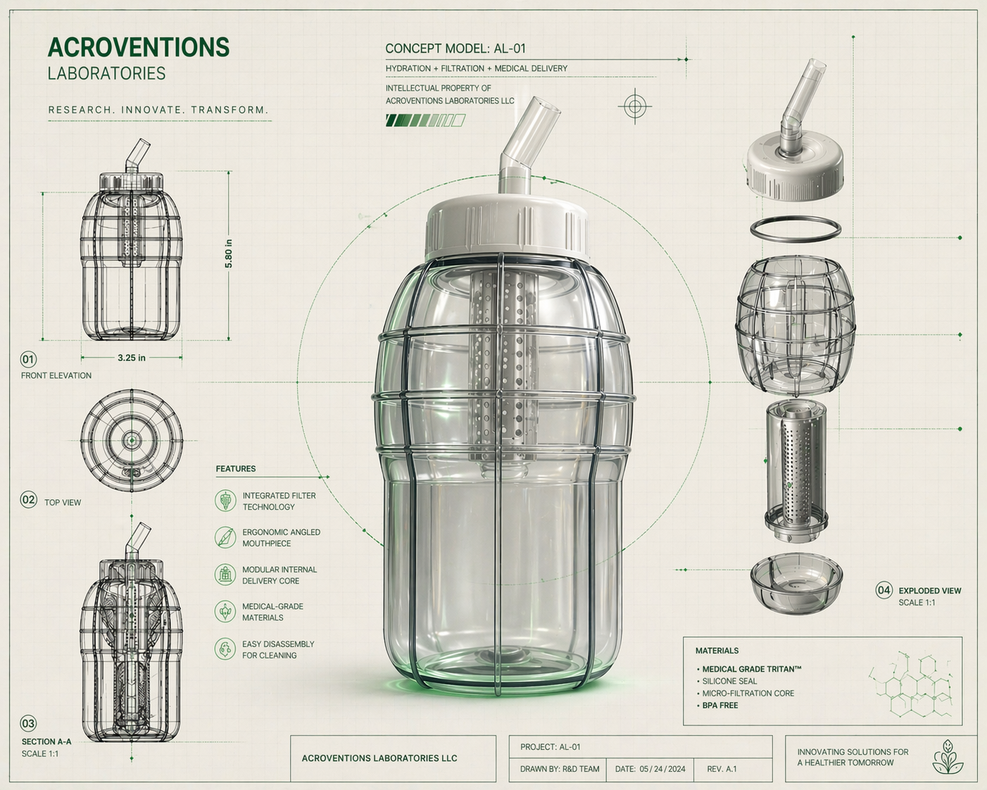 Acroventions bottle prototype AL-01 concept drawing