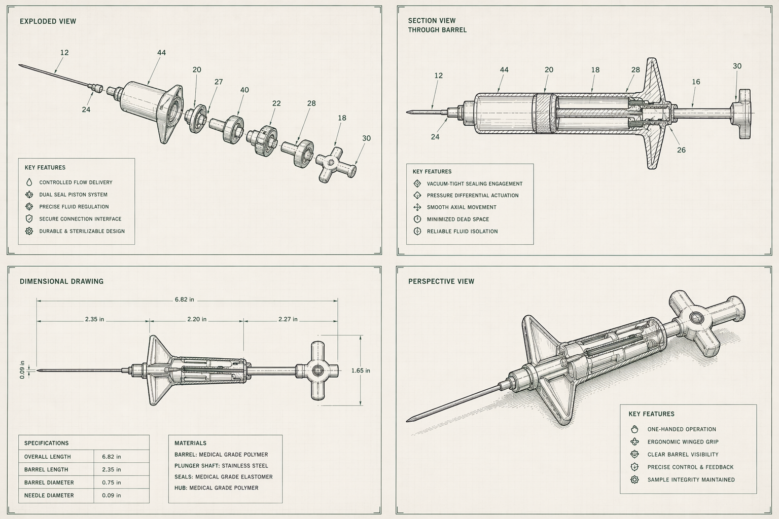 Insufflation needle exploded view and dimensional drawings