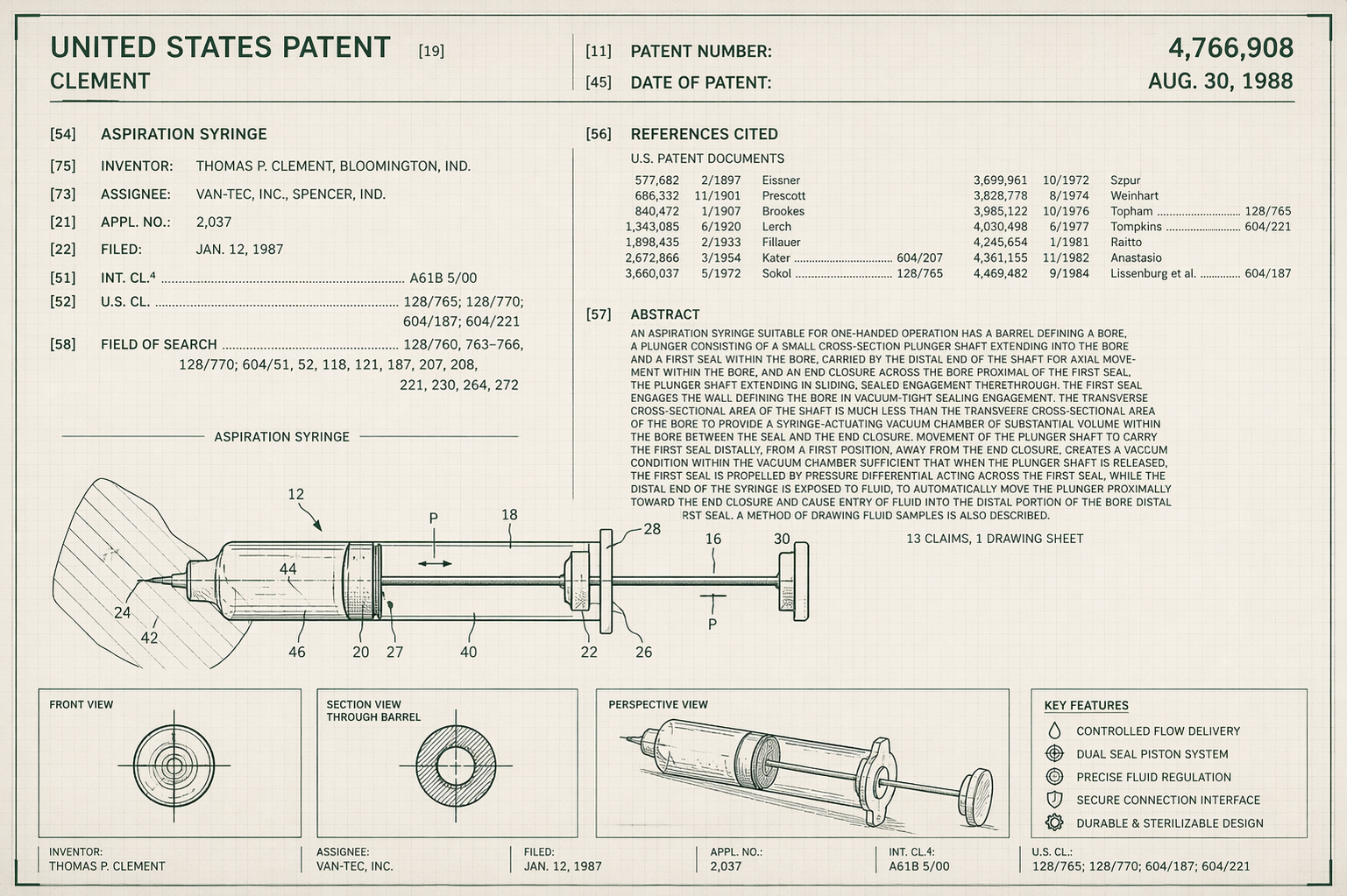 US Patent 4,766,908 — Aspiration Syringe