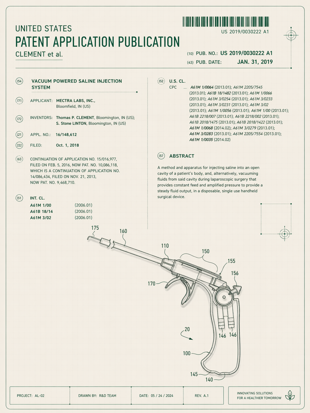 US Patent application publication — Vacuum powered saline injection system, Clement et al.
